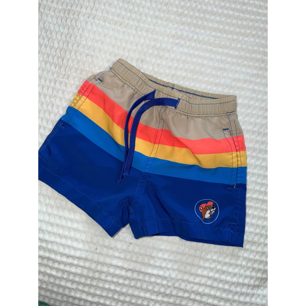 Buc-ee's Swim Trunks Toddler 2T Blue Multi Striped Beaver Logo Board‎ Shorts